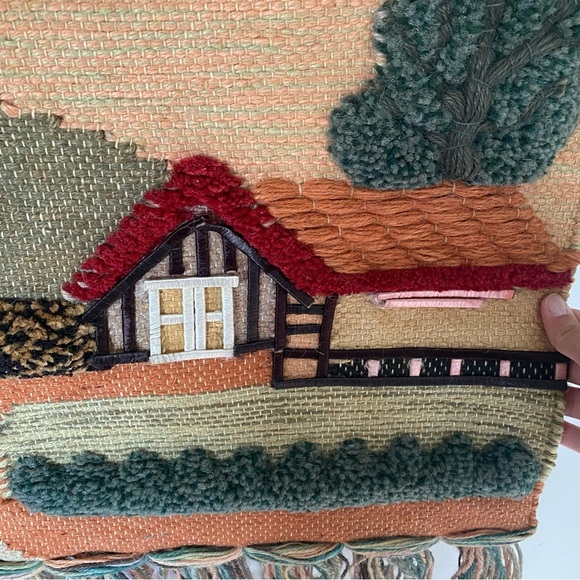 Vintage Handmade Rustic Boho Charming Village Scene Tapestry with Fringe - Picture 6 of 15